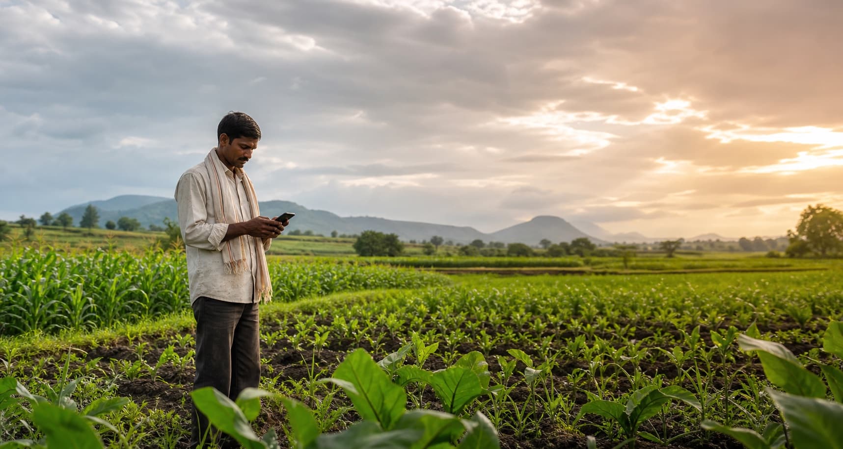 Farmer looking at information on phone in field—conceptual view