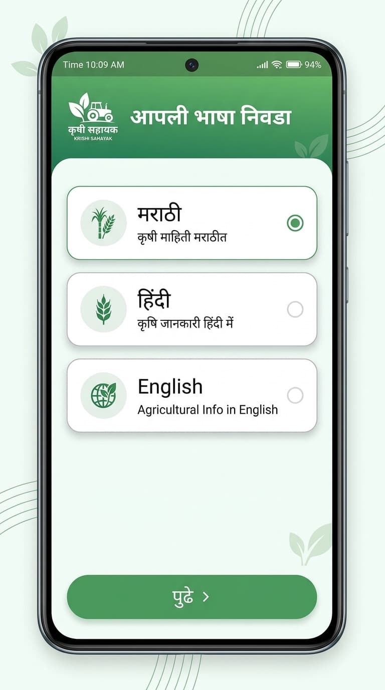 निवडक चाचणी ॲपमध्ये भाषा निवडण्याची स्क्रीन